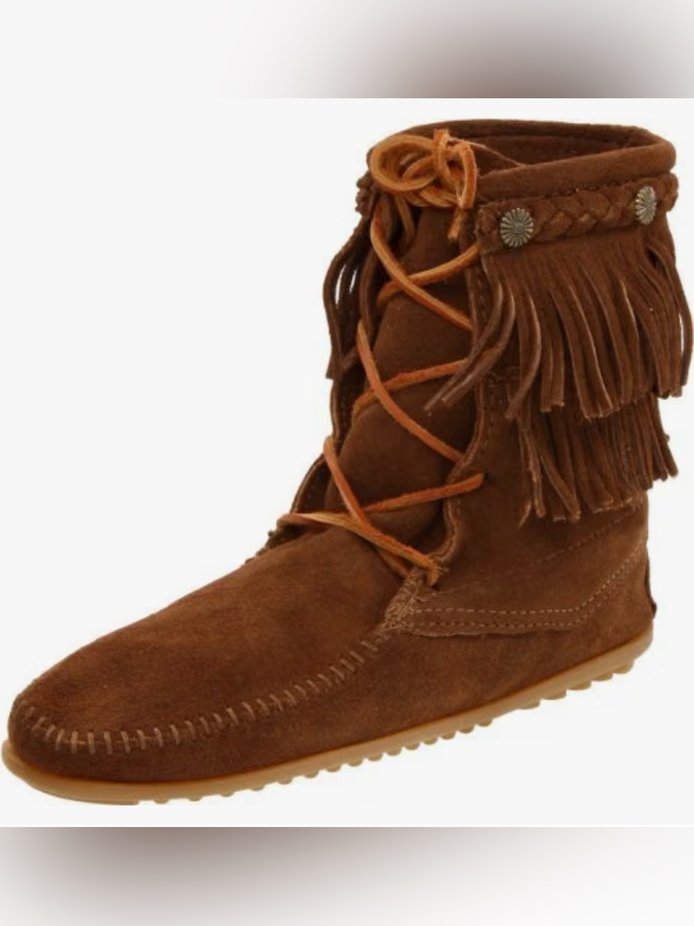Fringe Suede Ankle High Moccasin Boots Chestnut SZ 8 by Minnetonka 622 Vintage